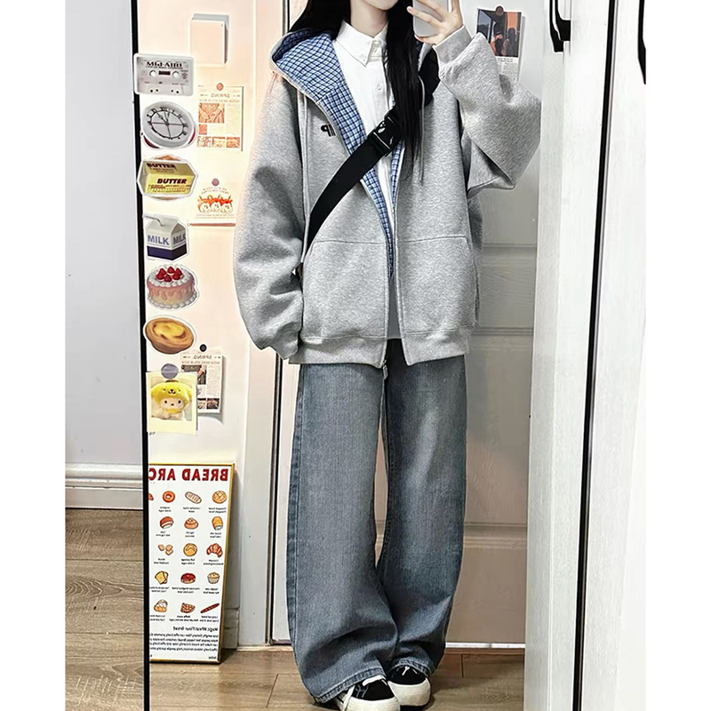 Korean Style Sweatshirt for Women, Couple, Student, Hooded, Plaid, Relaxed Fit, Gray, Fleece-Lined, Thickened, 2026 New Style Jacket Top Korean Style Sweatshirt for Women, Couple, Student, Hooded, Plaid, Relaxed Fit, Gray, Fleece-Lined, Thickened, 2026 New Style Jacket Top