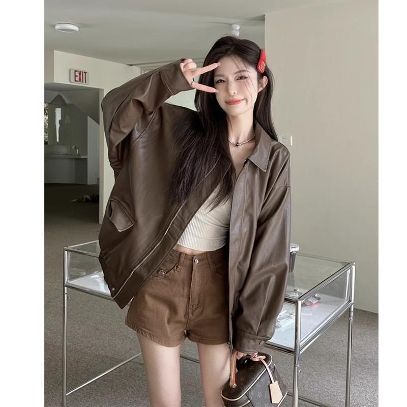 Retro American-Style Brown Leather Jacket for Men and Women 2026 New Spring, Autumn and Winter Slimming Look Pu Leather Jacket Long-Sleeved Top Jacket Retro American-Style Brown Leather Jacket for Men and Women 2026 New Spring, Autumn and Winter Slimming Look Pu Leather Jacket Long-Sleeved Top Jacket
