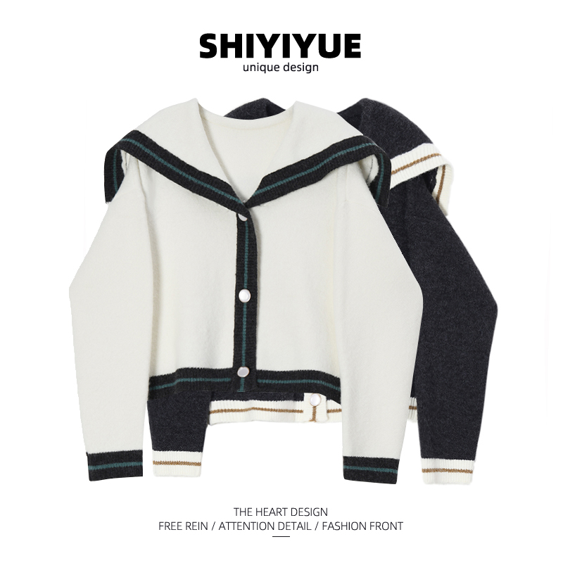SHIYIYUE November Short Sweater Jacket Women's Loose Korean Style Autumn Outerwear Navy Collar Knitted Cardigan