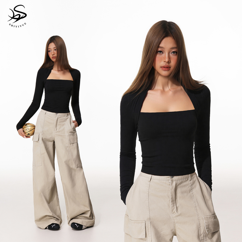 November American Style Two-Piece Short Base Shirt for Women, Spring and Autumn Slim Fit Black T-Shirt, Slimming Inner Wear with Long Sleeves