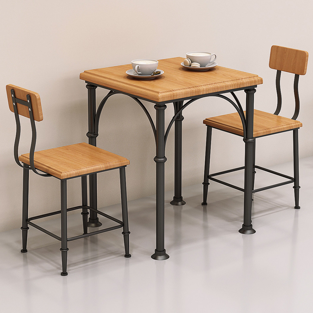 Square iron art solid wood small square table milk tea shop drinks shop dining table and chairs combined creative double table and chairs 1020