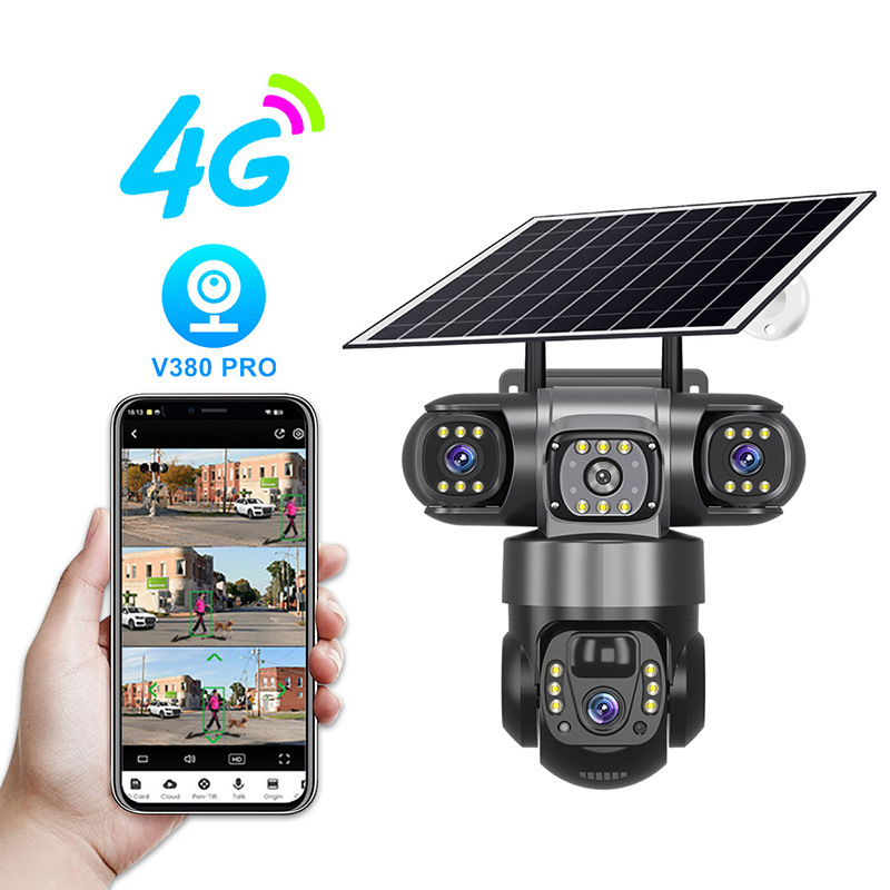 V380Pro Solar-Powered Three-Lens Wireless Camera 6Mp High-Definition Outdoor 4g Remote Monitoring Camera