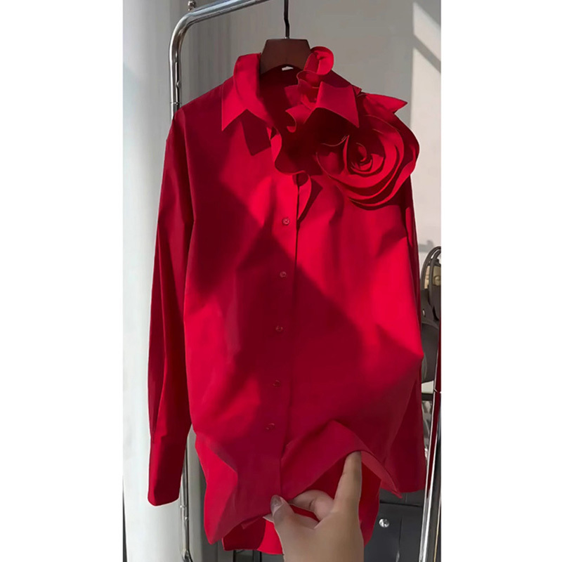 New Year Red Three-Dimensional Floral Shirt for Women, New Spring and Autumn Style, Christmas Atmosphere Top, Stylish and Age-Reducing Long-Sleeve Shirt