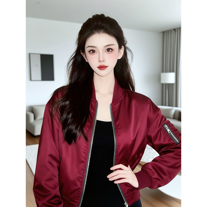 2025 New Autumn High-End, Unique and Beautiful Socialite-Style Wine Red Baseball Jacket