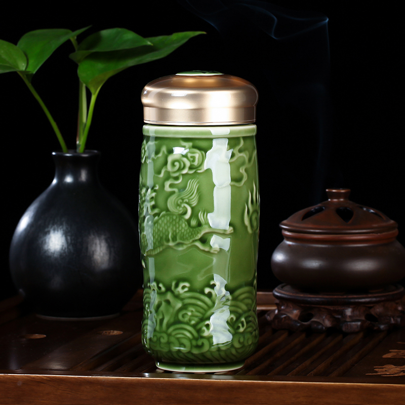 Do Tang Xuan porcelain cup big auspicious kirin double - layer glass ceramic cups of water with the cup