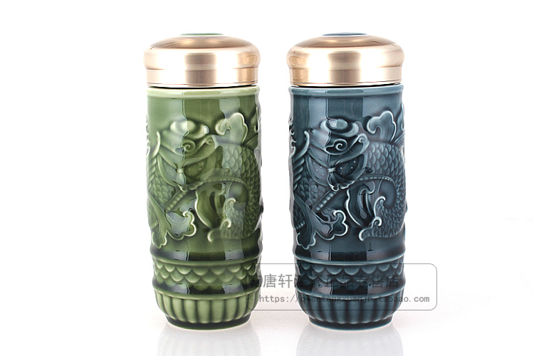 Do Tang Xuan porcelain cup dragon horse spirit double portable water glass cup with cover cup with creative trend