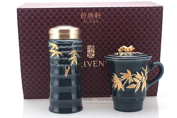 Do Tang Xuan porcelain cup bamboo blue and gold cup with + office two pack box ceramic cups water in a cup