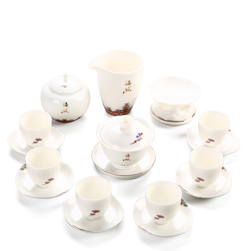 Dehua white porcelain kung fu tea set suit household contracted suet jade porcelain lid bowl of high - grade tea set with a gift
