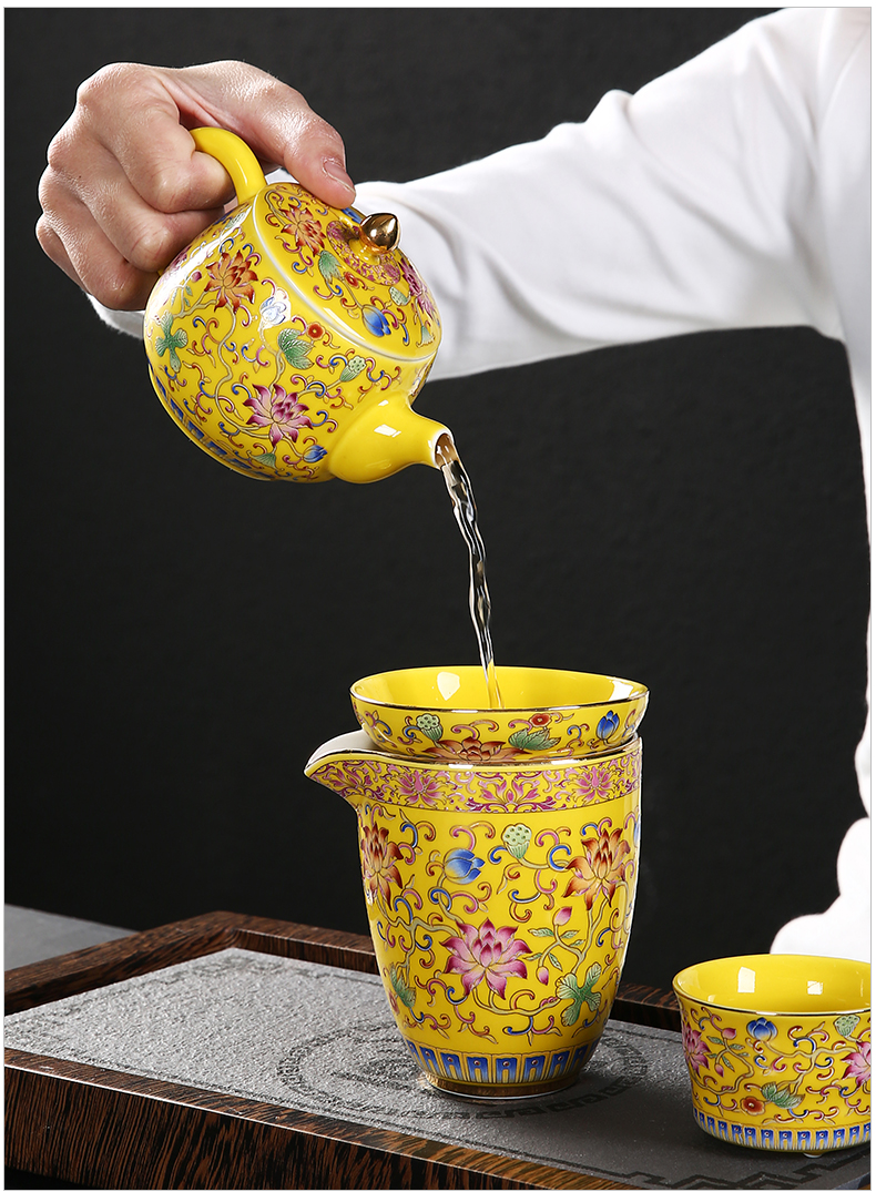 Colored enamel kung fu tea set domestic high - grade gift boxes restoring ancient ways ceramic teapot tea cups of tea set