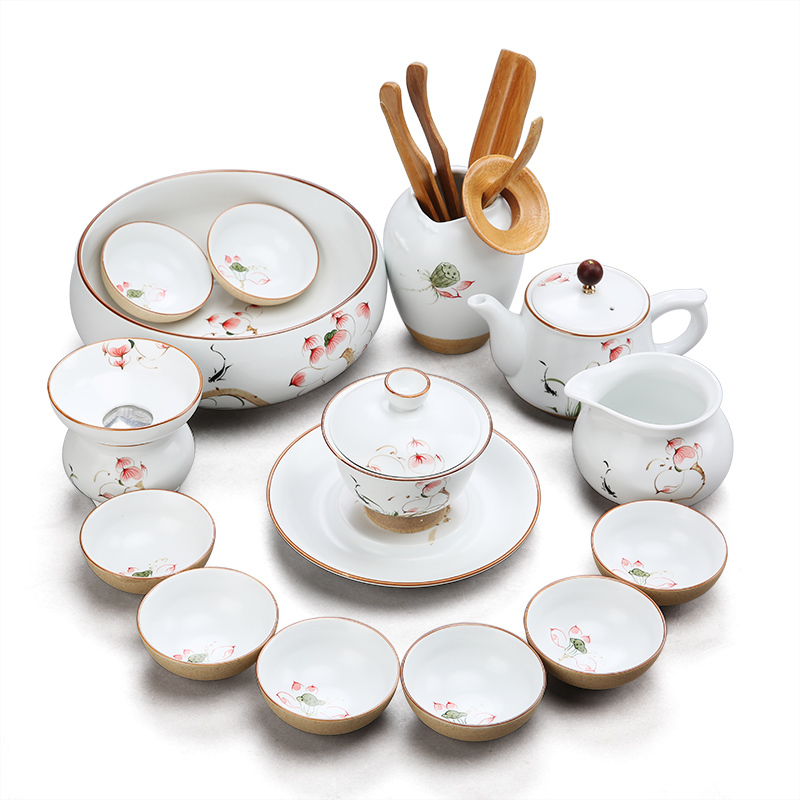 Dehua kung fu tea set suit household contracted 6 only hand - made ceramic cup lid bowl of tea set