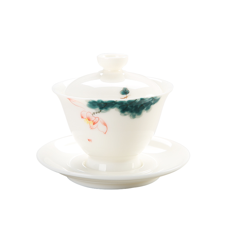 Dehua white porcelain tureen tea cups with suet white jade tea tea cup large hand draw three tureen