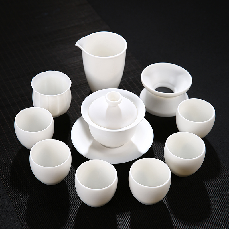 Dehua white porcelain kung fu tea set suit household contracted suet jade porcelain lid bowl of a complete set of tea tea set