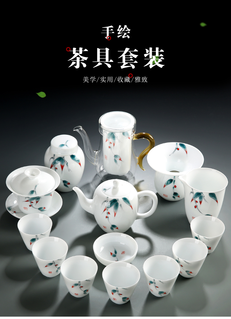 Dehua white porcelain kung fu tea set suit household hand - made tureen tea teapot tea cups of a complete set of suits for