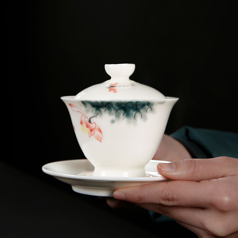 Dehua white porcelain tureen tea cups with suet white jade tea tea cup large hand draw three tureen