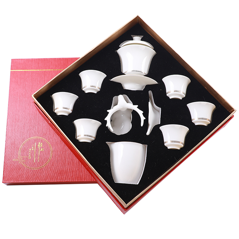 To the as porcelain and moving dehua white porcelain kung fu tea set household contracted suet jade porcelain tureen customize a complete set of tea cups