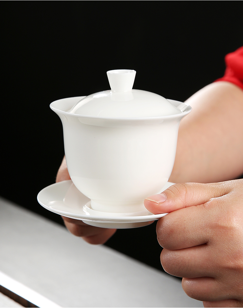 Suet white jade tureen ceramic cups household teapot tea bowl tureen dehua white porcelain and three cups