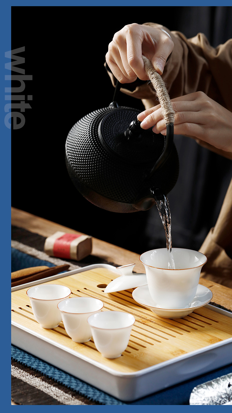 Dehua white porcelain kung fu tea set suit household contracted and I Japanese zen small tureen tea tray ceramic cup