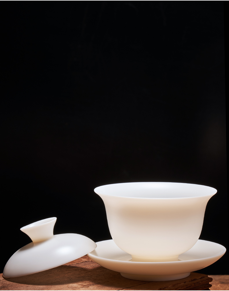 Dehua white porcelain tureen biscuit firing manual and suet jade porcelain cups kung fu tea set tea bowl thin foetus three tureen