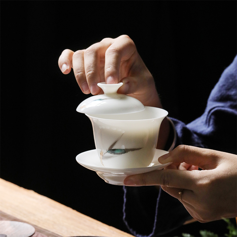 Dehua white porcelain tureen household kung fu tea set suet jade porcelain thin foetus tureen tea bowl three cups
