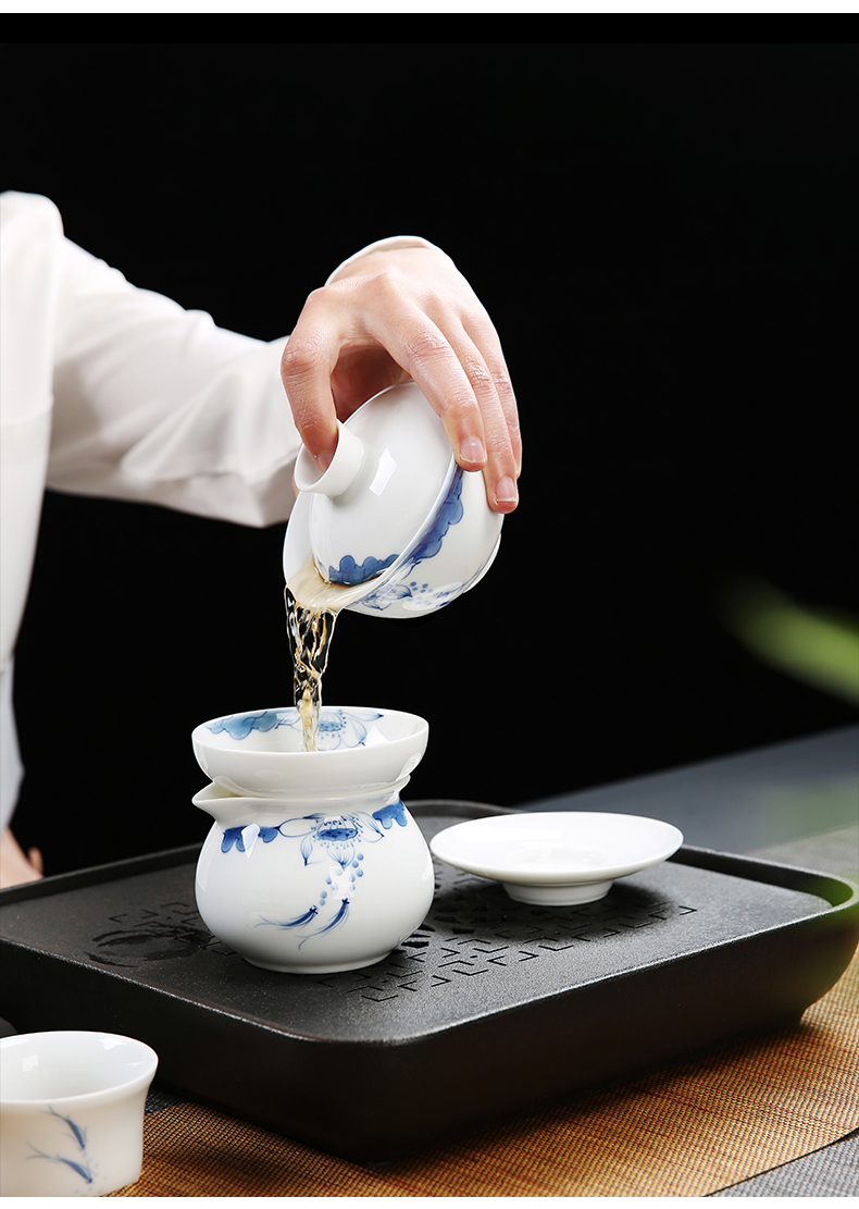 Hand - made tureen ceramic cups kung fu tea set domestic large tureen tea bowl white porcelain and three cups