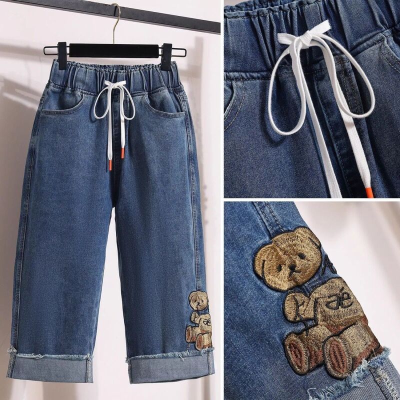 Plus-Size Denim Capri Pants for Women, Summer 2025, Elastic Waist, Embroidered, 67-Length Pants, Slimming, Stretchy Straight-Leg Pants