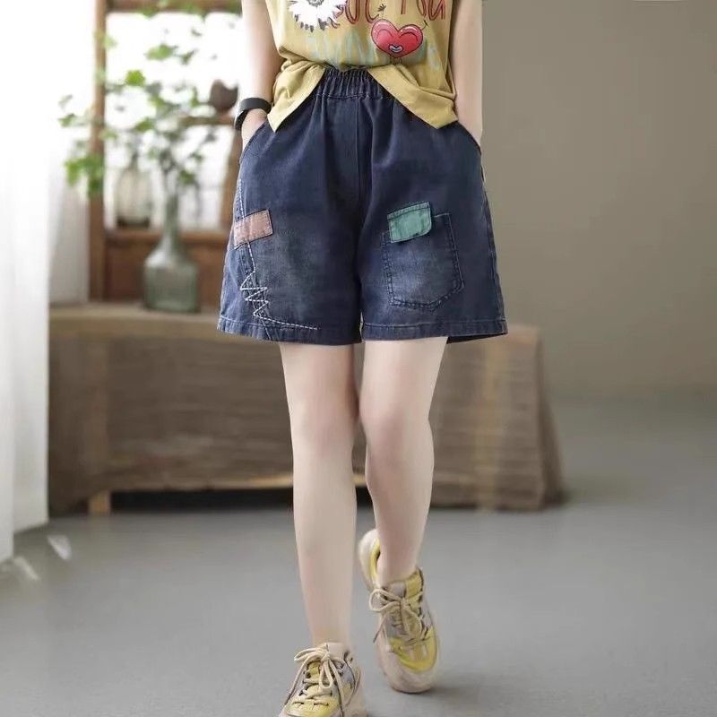 Patchwork Denim Shorts for Women, Summer Thin Elastic High-Waisted Wide-Leg Pants, Stylish Casual Harem Hot Pants Patchwork Denim Shorts for Women, Summer Thin Elastic High-Waisted Wide-Leg Pants, Stylish Casual Harem Hot Pants