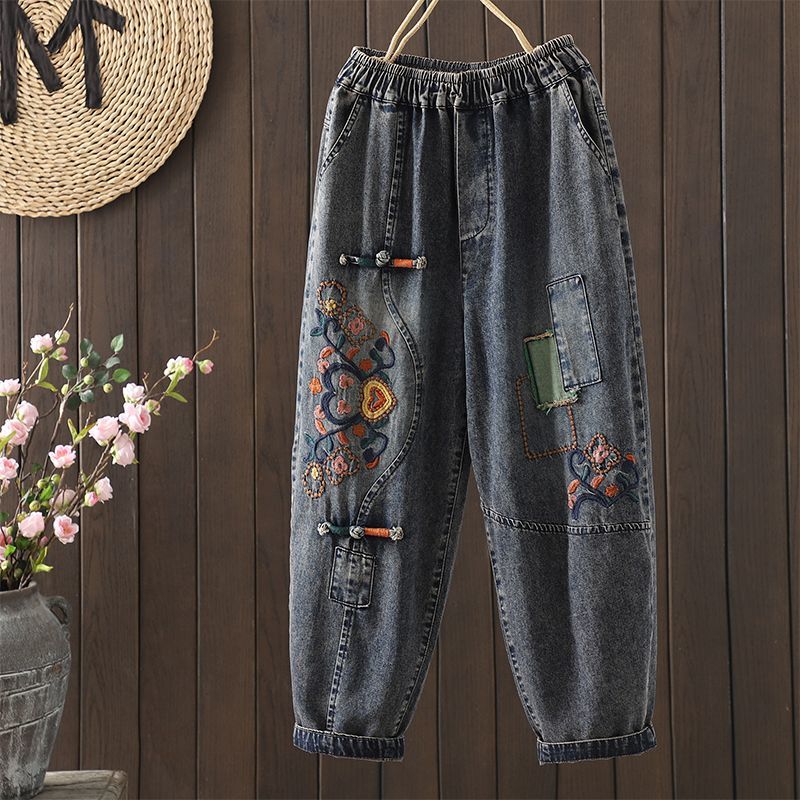 Vintage Ethnic Style Embroidered Denim Cropped Pants for Women, 2025 Autumn New Loose Plus-Size Thin Harem Pants Trendy Vintage Ethnic Style Embroidered Denim Cropped Pants for Women, 2025 Autumn New Loose Plus-Size Thin Harem Pants Trendy
