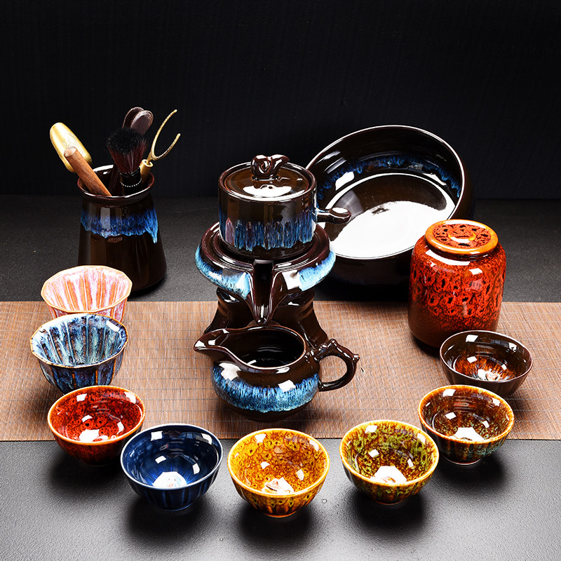 Kiln-Fired Sand-Gold Glaze Stone-Ground Lazy Tea Set for Office and Home Use, Jianzhan Teapot, Colorful Red Fish Tea Cup, Ceramic Kiln-Fired Sand-Gold Glaze Stone-Ground Lazy Tea Set for Office and Home Use, Jianzhan Teapot, Colorful Red Fish Tea Cup, Ceramic