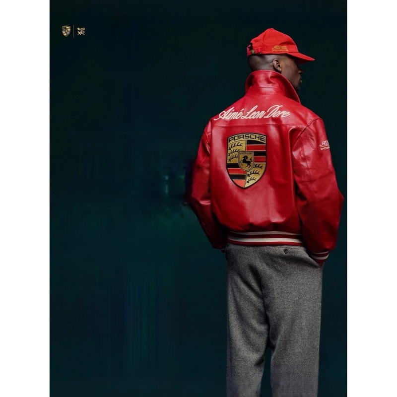 High-End Porsche Racing Jacket Collaboration with James Motors, Heavy-Duty Badge Embroidery, Unisex Vintage Leather Jacket