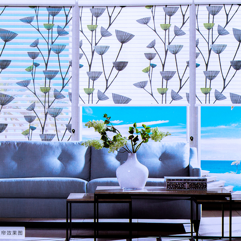 Printed Shangri-La curtains, soft yarn curtains, roller blinds, shading bedrooms, offices, bathrooms, kitchens