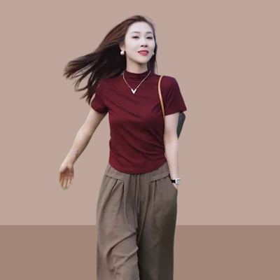 A popular Korean-style pure cotton short-sleeved T-shirt with a slimming and form-fitting inner layer, a new semi-high-neck stylish top for women in summer 2026