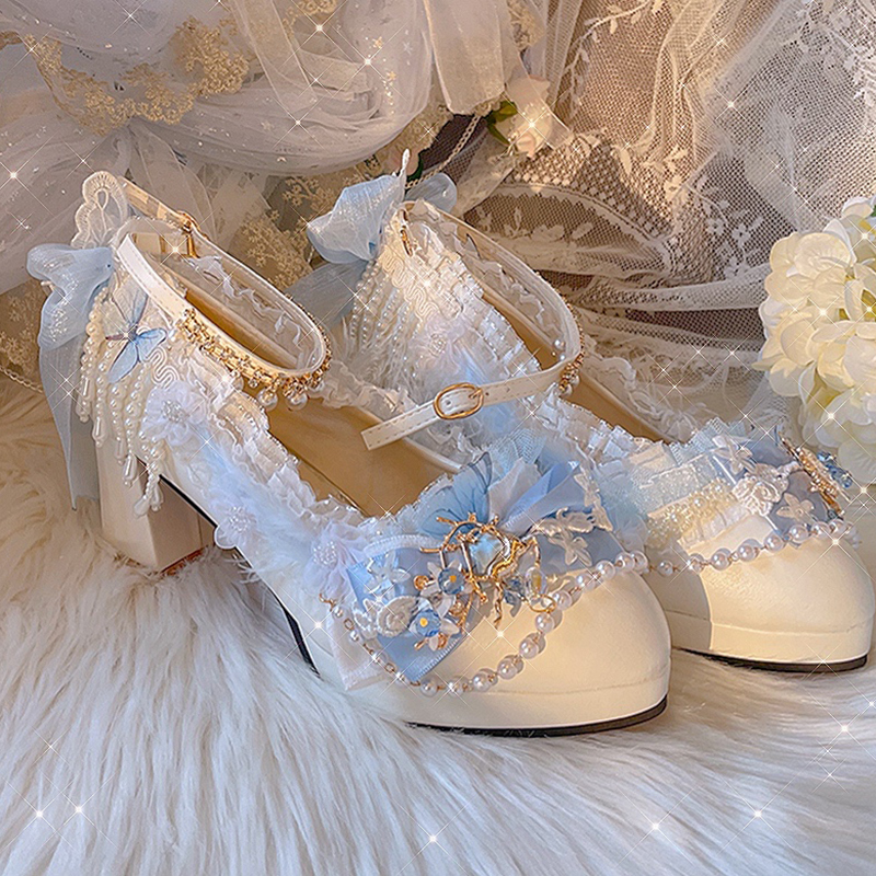 [White Deer Carrying Flowers] Six-Pointed Star Original Lolita Handmade Lo Shoes Chinese Style Wedding Tea Party High Heels Round Toe Shoes