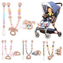 New Infant Supplies Cartoon Animal Pattern Beech Wood Clip Appeasement Baby Pacifier Chain Car Hanging Tooth Gel Three Sets