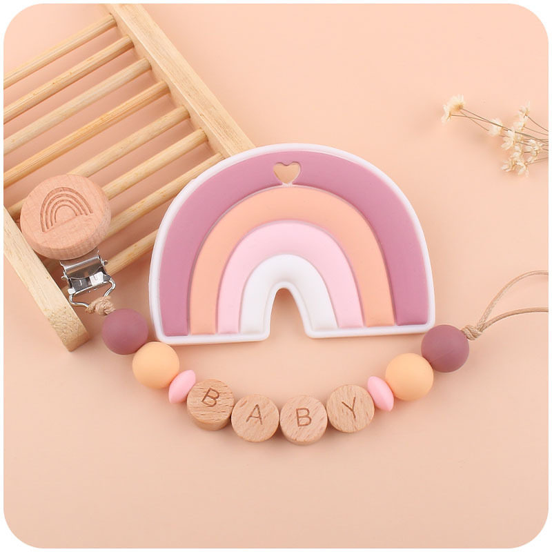 New baby rainbow beech clip to soothe baby pacifier chain cartoon rainbow silicone tooth fixer molar toy