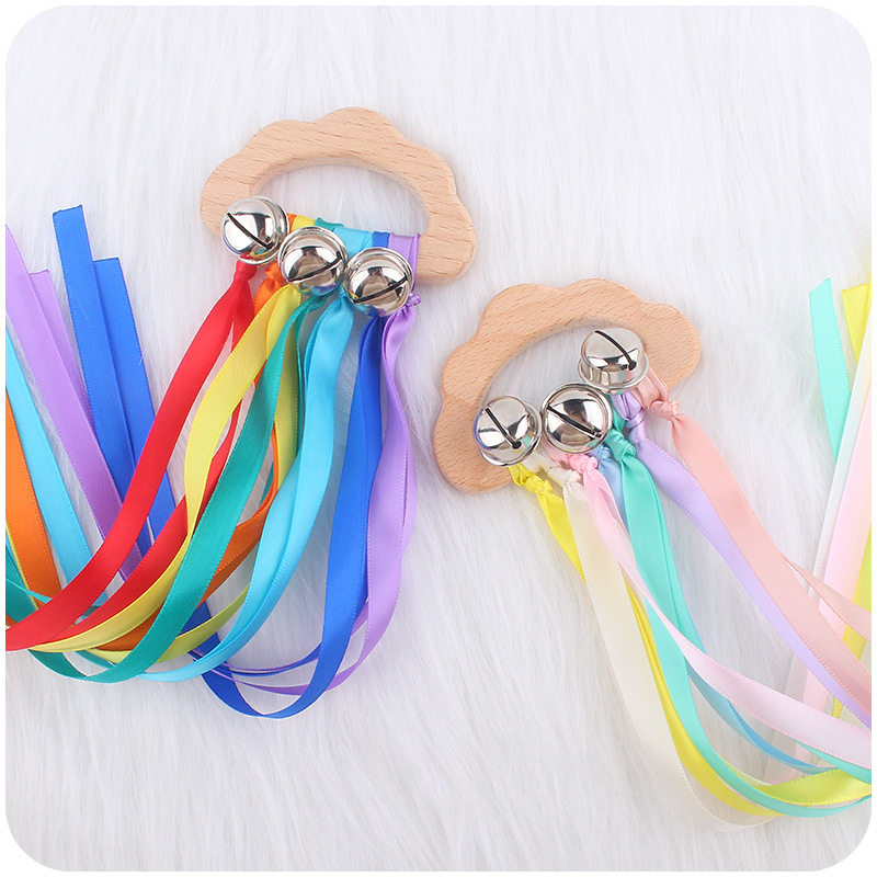 Infant supplies cartoon cloud beech wood tooth fixer baby creative big bell shaking ribbon beech wood rattle toy