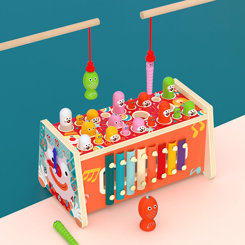 Wooden knocking piano gear clown hitting the gopher magnetic fishing to catch insects multi-functional five-in-one early education educational toys