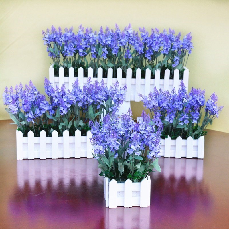 Simulation flower family fake flower pot plant living room flower arrangement knickknacks Lavender wood fence flower set decorative flowers silk flowers