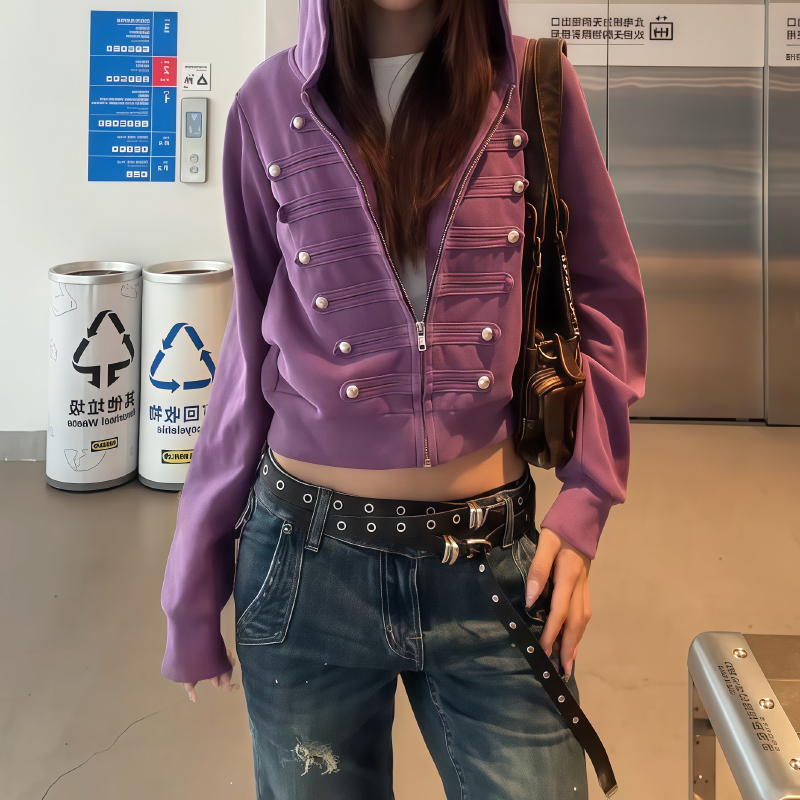 American Retro Purple Palace-Style Napoleon Jacket for Women, Autumn Hot Girl Double-Breasted Short Slim-Fit Top Sweatshirt