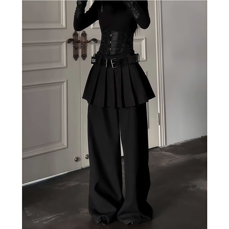 Plus-Size American Retro Black Pleated Skirt Pants for Women, New Spring and Autumn Style, Suit-Style Long Pants with Faux Two-Piece Design
