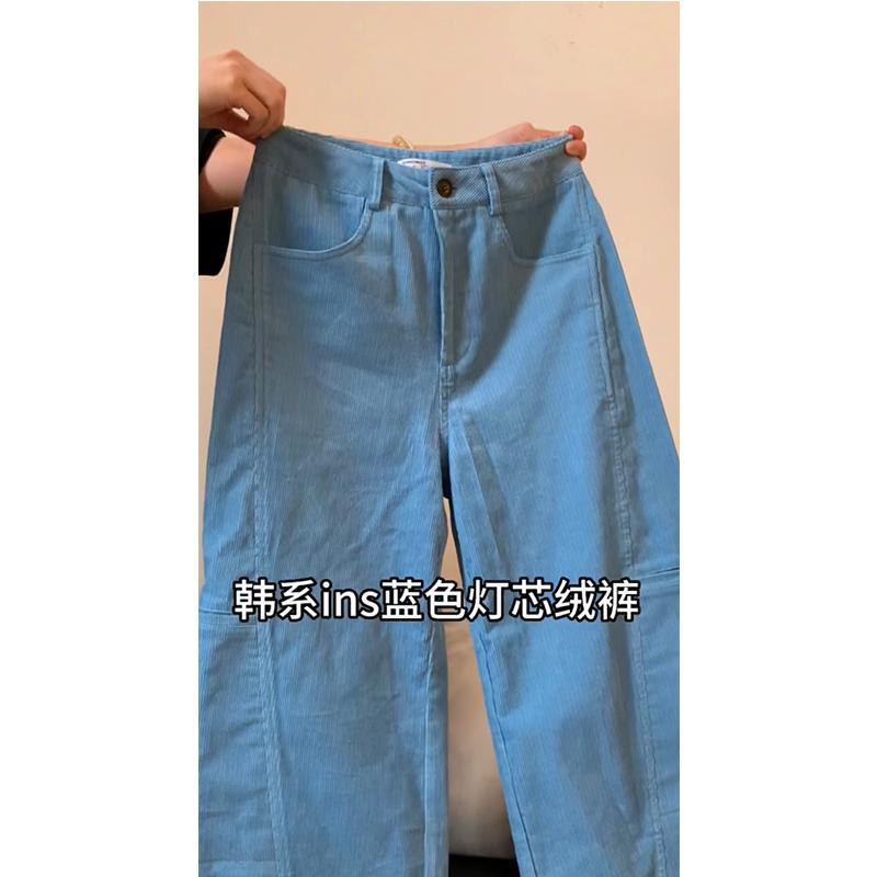 Plus-Size Korean-Style Blue Corduroy Pants for Women, New Autumn and Winter Retro Lazy Straight-Leg Casual Corduroy Work Pants