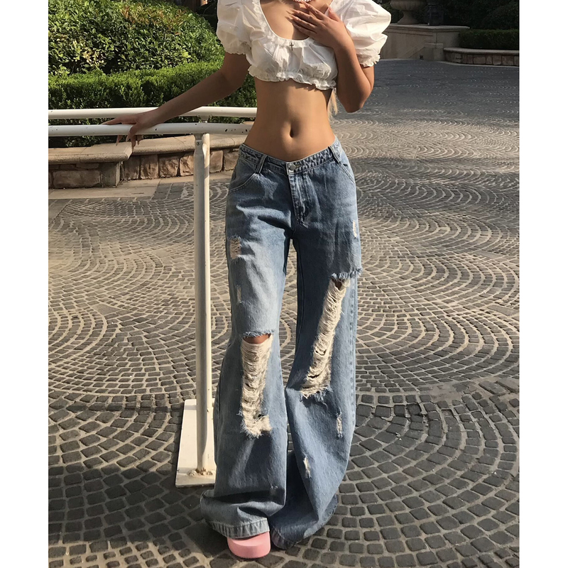 American Retro Blue Low-Waisted Ripped Wide-Leg Jeans for Women, New Summer Style, Loose Washed Straight Pants for Hot Girls