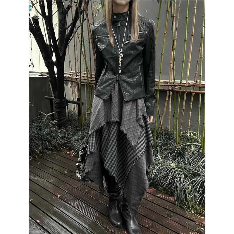 Plus Size American Retro Plaid Asymmetrical Skirt for Women Autumn and Winter New Style Artistic Splicing Millennium Y2K Long Skirt
