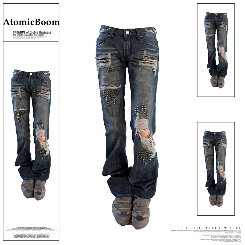 American Retro Deconstructed Rivet Low-Waist Ripped Flared Jeans for Women, New Spring/Summer Street Style Slim-Fit Pants American Retro Deconstructed Rivet Low-Waist Ripped Flared Jeans for Women, New Spring/Summer Street Style Slim-Fit Pants