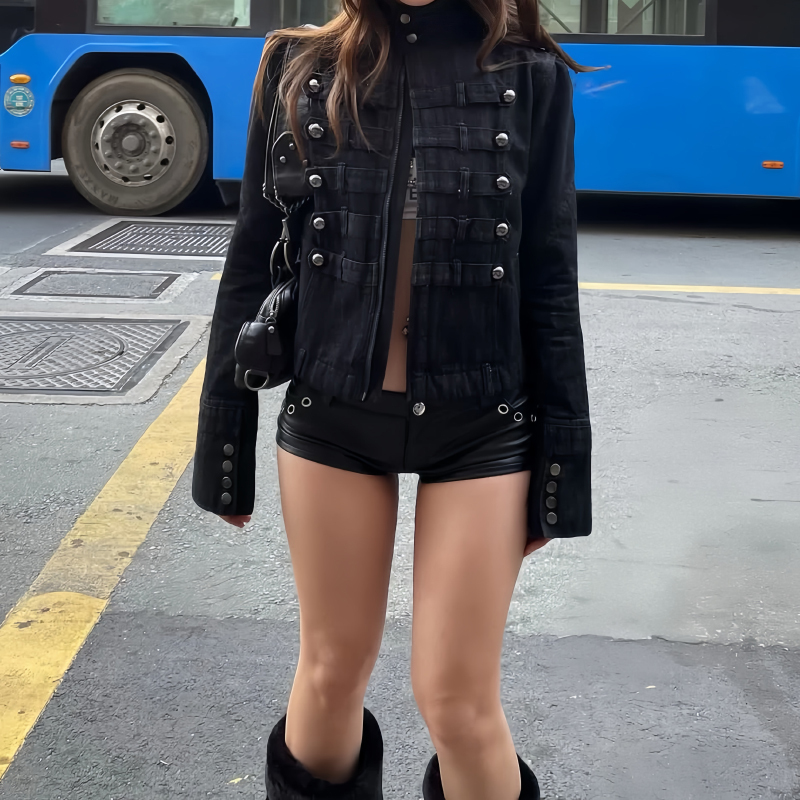 American Retro Black Napoleon Short Jacket for Women, Autumn Spicy Girl Design, Slim Fit Top, Denim Jacket