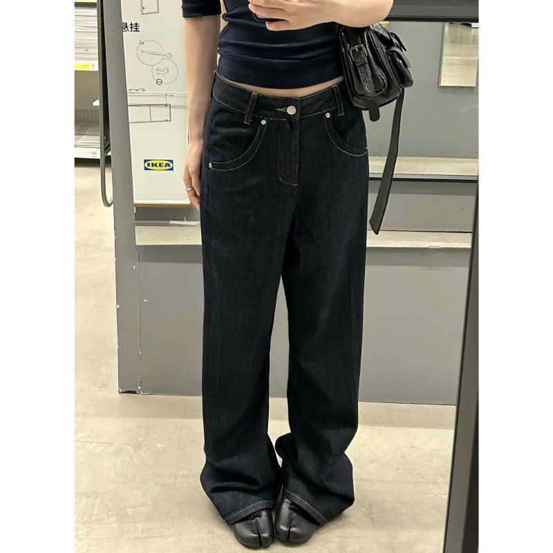 American Retro Black Low-Waist Jeans for Women, Summer High Street Style, Loose Casual Versatile Wide-Leg Floor-Length Pants