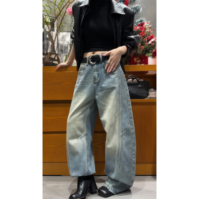 American Retro Diamond Starry Sky Jeans with Curved Hem for Women, New Spring and Autumn Fashion Design, Rhinestone Loose Pants