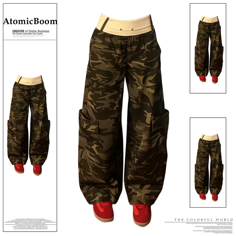 American Retro Knitted Cuffed Camouflage Denim Wide-Leg Pants for Women, New Summer Y2K Punk Low-Waist Workwear Pants