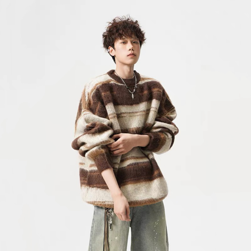 Mohair Round Neck Sweater for Men and Women, Autumn and Winter Thickened Color-Block Striped Knitwear, Loose and Relaxed Couple's Base Shirt