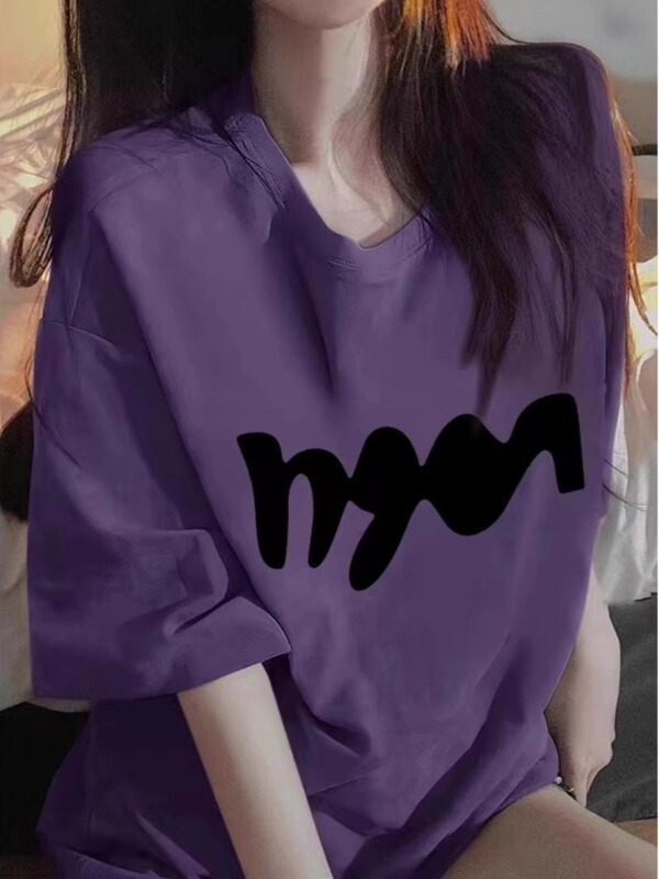 Pure Cotton Short-Sleeve T-Shirt for Women, Purple, American Retro Style, 2026 Summer New Model, Loose Design, Niche ins Top, Trendy Pure Cotton Short-Sleeve T-Shirt for Women, Purple, American Retro Style, 2026 Summer New Model, Loose Design, Niche ins Top, Trendy