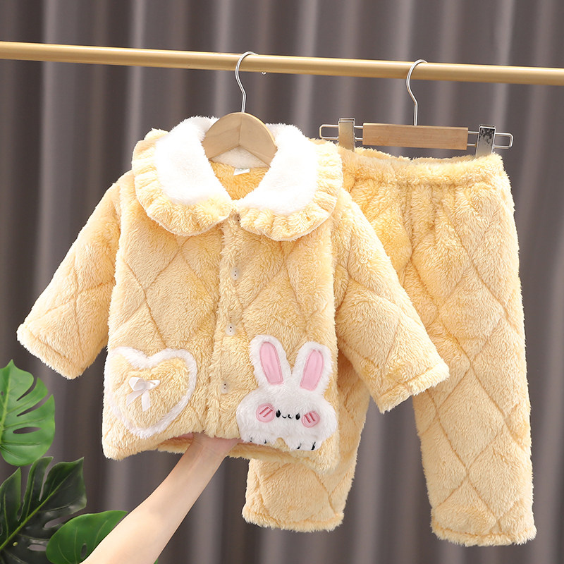 Children's pajamas girls winter big children's flannel three-layer quilted plus velvet thick coral fleece girls home clothes